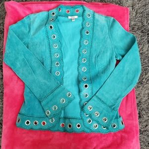 Cache Turquoise leather jacket grommets fun trim